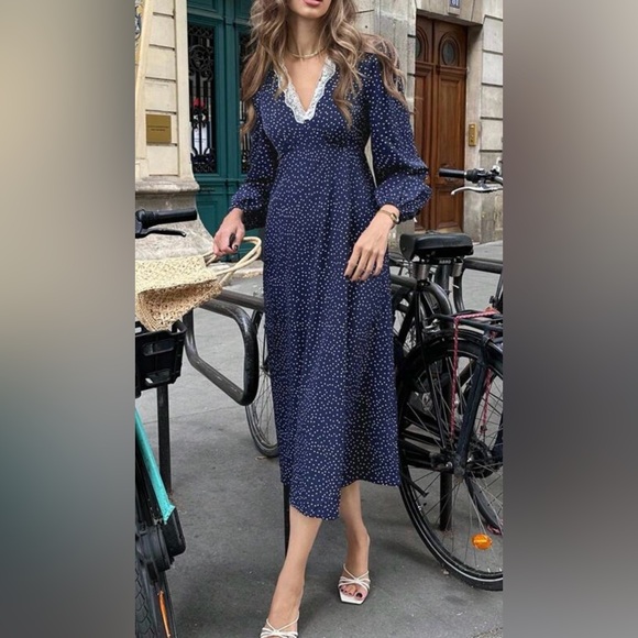 Navy Polka Dot Dress with Lace Trim - Picture 2 of 3